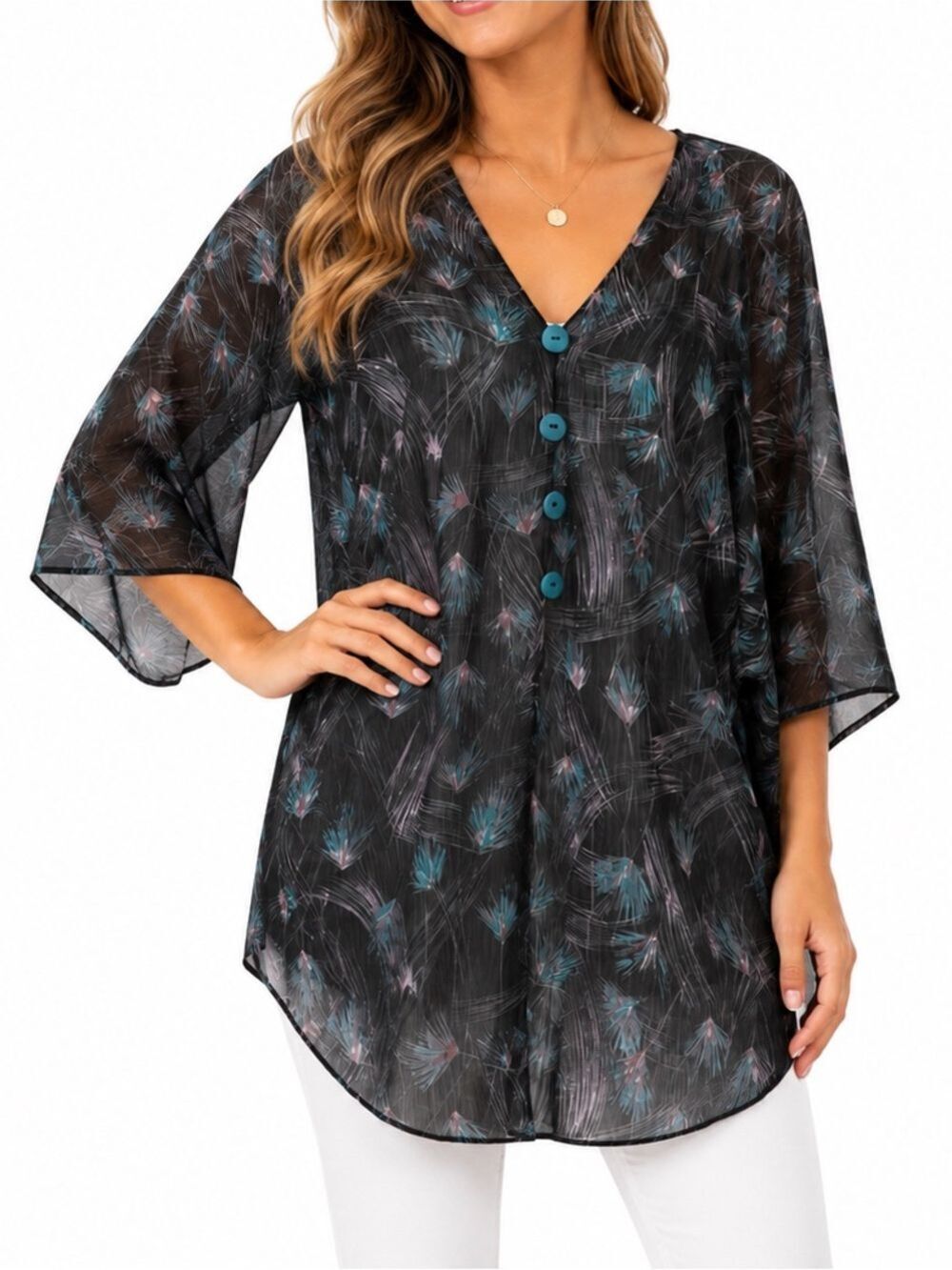 Vintage LA Living Doll Black V-Neck Top – Medium, Pink & Blue Feather Design